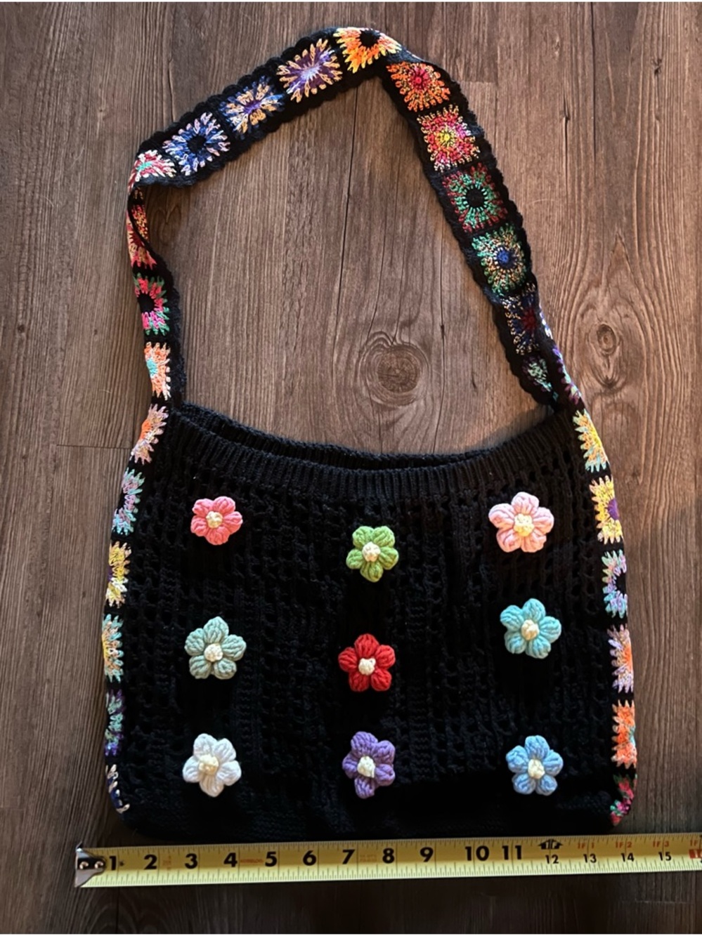 Handmade Black Crochet Shoulder Bag with Multicolor Flower Appliqués